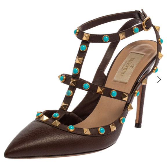 Valentino Rockstud & Turquise Stone Pointy Toe Ankle Strap Pumps Brown EU 37.5 - Picture 1 of 7
